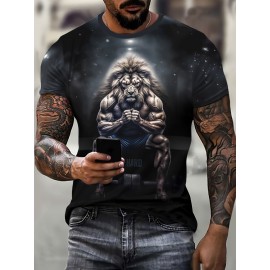 Novelty Lion Pattern 3D Printed Crew Neck Short Sleeve T-shirt For Men, Casual Summer T-Shirt For Daily Wear And Vacation Resorts