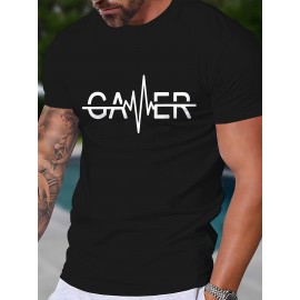 Men'S Casual Crew Neck T-Shirt with Geometric Gamer Pulse Graphic, 100% Polyester Knit Fabric, Slight Stretch, Regular Fit - Stylish Streetwear for Sports and Fitness