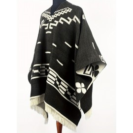 Casual V-Neck Tribal Pattern Poncho with Tassels - Polyester & Acrylic Blend, Non-Stretch Woven Fabric, Fall/Winter Warmth - Western Bandit Inspired Cape for Outdoor Adventures and Shopping