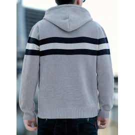1pc Men'S Casual Color Block Chenille Hooded Knit Jacket - Polyester Long Sleeve Zip-Up with Slight Stretch, Regular Fit Hooded Sweater for Fall/Winter