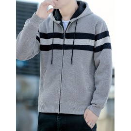 1pc Men'S Casual Color Block Chenille Hooded Knit Jacket - Polyester Long Sleeve Zip-Up with Slight Stretch, Regular Fit Hooded Sweater for Fall/Winter