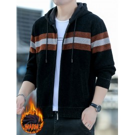 1pc Men'S Casual Color Block Chenille Hooded Knit Jacket - Polyester Long Sleeve Zip-Up with Slight Stretch, Regular Fit Hooded Sweater for Fall/Winter