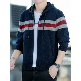 1pc Men'S Casual Color Block Chenille Hooded Knit Jacket - Polyester Long Sleeve Zip-Up with Slight Stretch, Regular Fit Hooded Sweater for Fall/Winter