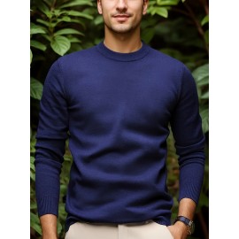 1pc Men'S Casual Crew Neck Viscose Knit Sweater - Solid Color Pullover with Medium Stretch, Regular Fit, Long Sleeve - Knit Fabric Sweatshirt for Autumn and Winter