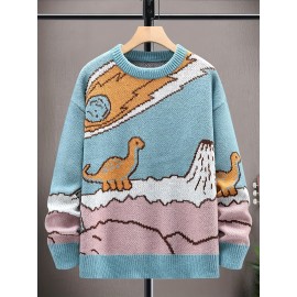 1pc Men'S Casual Round Neck Pullover Sweater, Polyester Knit with Animal Pattern, Loose Fit Long Sleeve for Autumn/Winter