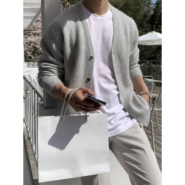 Men'S Casual V-Neck Cardigan, Polyester Knit Fabric, Solid Color, Long Sleeve, Loose Fit, with Button Detail, for Fall/Winter Collection