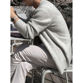 Men'S Casual V-Neck Cardigan, Polyester Knit Fabric, Solid Color, Long Sleeve, Loose Fit, with Button Detail, for Fall/Winter Collection