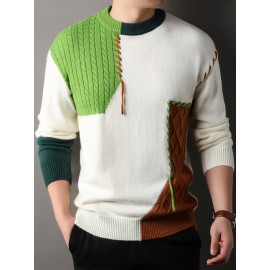 1pc Men'S Korean Style Crew Neck Sweater, Casual Striped Pattern, Rib-Knit, Slight Stretch, Loose Fit, Acrylic Knit Fabric, Thick Warm Patchwork Pullover for Fall/Winter - Fashionable Color Block Base Layer Top [12422]