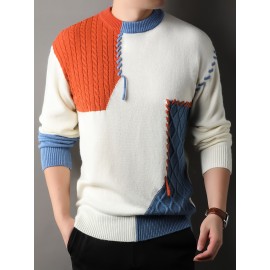 1pc Men'S Korean Style Crew Neck Sweater, Casual Striped Pattern, Rib-Knit, Slight Stretch, Loose Fit, Acrylic Knit Fabric, Thick Warm Patchwork Pullover for Fall/Winter - Fashionable Color Block Base Layer Top [12422]