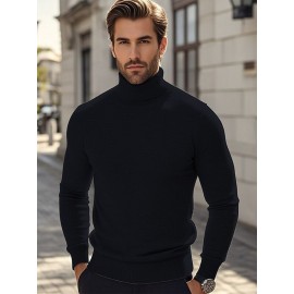 Men's Casual Solid Color Turtleneck Sweater - Long Sleeve, Knit Pullover for Fall/Winter