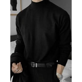 Men'S Fall/Winter Casual Knit Pullover Sweater, Solid Color, Long Sleeve, Slight Stretch, Regular Fit with High Neck Collar