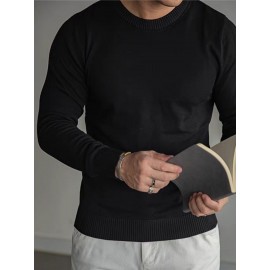 Men's Casual Solid Color Knit Sweater - Long Sleeve, Round Neck Pullover for Fall/Winter