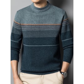 1pc Men'S Casual Striped Crew Neck Sweater, Polyester Knit Long Sleeve Pullover, Mature Style Solid Color Warm Top for Sports and Leisure