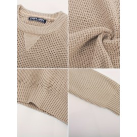Men Waffle Textured Sweater Long Raglan Sleeve Crew Neck Ribbed Cuff Pullover