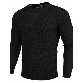 Men Waffle Textured Sweater Long Raglan Sleeve Crew Neck Ribbed Cuff Pullover