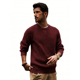 Men Waffle Textured Sweater Long Raglan Sleeve Crew Neck Ribbed Cuff Pullover