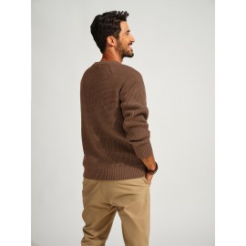 Men Waffle Textured Sweater Long Raglan Sleeve Crew Neck Ribbed Cuff Pullover