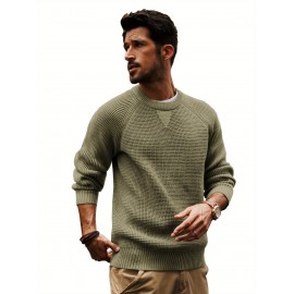 Men Waffle Textured Sweater Long Raglan Sleeve Crew Neck Ribbed Cuff Pullover