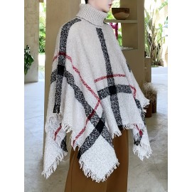 Men's Casual Plaid Tassel Shawl Sweater - Cozy Knit Pullover with High Neck, Loose Fit, Non-Sheer for Fall/Winter | Soft Acrylic, Machine Washable