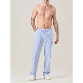 Men's Lightweight Striped Casual Pants with Elastic Waist and Pockets - Perfect for Casual Attire