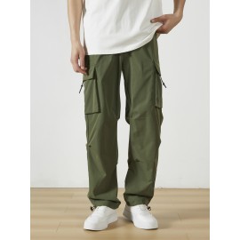 Men's Casual Flap Pocket Straight Leg Cargo Pants, Street Style Casual Pants For Outdoor Activities
