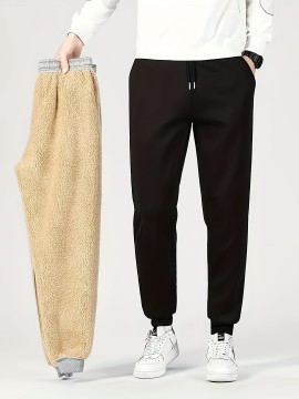 1pc Men'S Casual Mid Waist Sweatpants,  Fall/Winter Thick Fleece Lined, Solid Color Polyester Knit Fabric, Non-Stretch, Regular Fit Drawstring Waist, Weekend Comfort Warmth, No Belt - Polyester Fiber Filled