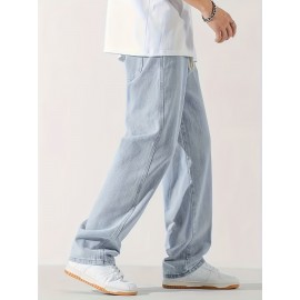 Men's Casual Light Blue Jeans, Loose Straight Trousers, Versatile Drawstring Elastic Waist Band Long Pants