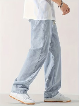 Men's Casual Light Blue Jeans, Loose Straight Trousers, Versatile Drawstring Elastic Waist Band Long Pants