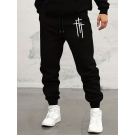 Men's Casual Athletic Joggers With Stretch Waist And Drawstring - Knitted Sport Sweatpants With Cross Print, Pockets, And Relaxed Fit