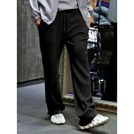 Men's Drawstring Pants Mid Waist Straight Leg Long Pants Casual Solid Color Ribbed Pants