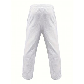 [Trusted] Men's Casual Cotton Linen Pants with Multi-Button Detail - Loose Fit, Solid Color, Perfect for Beach & Summer