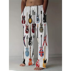 Men's Vintage-Inspired Guitar Print Casual Pants - Loose Fit, Drawstring Waist, Polyester, Machine Washable