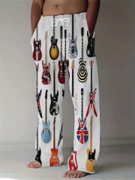 Men's Vintage-Inspired Guitar Print Casual Pants - Loose Fit, Drawstring Waist, Polyester, Machine Washable