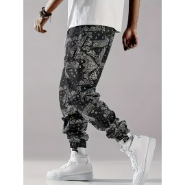 Stylish Paisley Print, Men's Casual Cuffed Pants, Breathable Lightweight Comfy Drawstring Pants