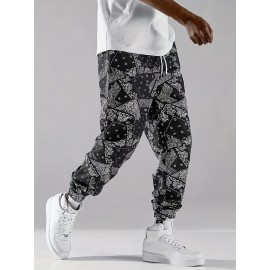 Stylish Paisley Print, Men's Casual Cuffed Pants, Breathable Lightweight Comfy Drawstring Pants
