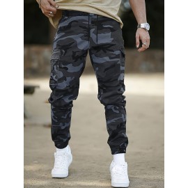 Men's Camo Cargo Pants with Flap Pockets & Drawstring Waist - Casual Outdoor Workwear, Polyester