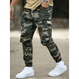 Men's Camo Cargo Pants with Flap Pockets & Drawstring Waist - Casual Outdoor Workwear, Polyester