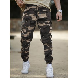 Men's Camo Cargo Pants with Flap Pockets & Drawstring Waist - Casual Outdoor Workwear, Polyester
