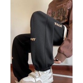 Men's Casual Joggers with Embroidered Design - Comfy Drawstring Sweatpants for Spring & Fall, Versatile Loose Fit