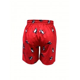 Men's Trendy Cartoon Penguin Pattern Print Active Shorts, Drawstring Beach Shorts For Summer Beach Resort, Hawaiian Shorts