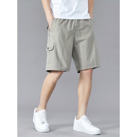 Casual Solid Men's Regular Fit Elastic Waist Cotton Cargo Shorts With Side Pockets For Summer Outdoor Leisure And Work