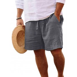 1pc Men'S Casual Linen Blend Shorts - Solid Color, Drawstring Elastic Waist, Breathable Slight Stretch Fabric, Loose Fit Beach Shorts