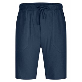 1pc Men'S Casual Linen Blend Shorts - Solid Color, Drawstring Elastic Waist, Breathable Slight Stretch Fabric, Loose Fit Beach Shorts