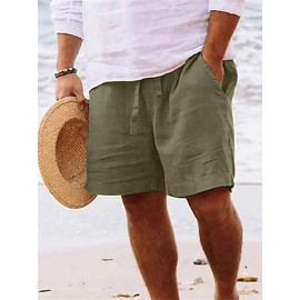 1pc Men'S Casual Linen Blend Shorts - Solid Color, Drawstring Elastic Waist, Breathable Slight Stretch Fabric, Loose Fit Beach Shorts