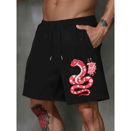 1pc Men'S Casual Polyester Shorts with Elastic Snake Print, Knitted Summer Beachwear, Regular Fit Trendy Outerwear