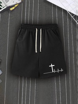 Men's Casual Cross Print Shorts with Pockets - Breathable Polyester, Machine Washable