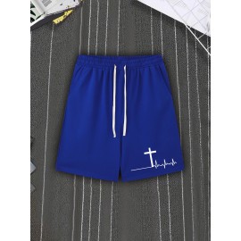 Men's Casual Cross Print Shorts with Pockets - Breathable Polyester, Machine Washable