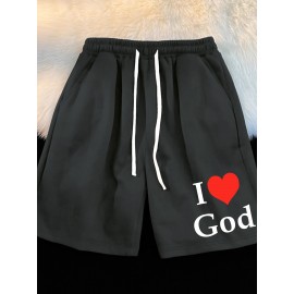 Casual Polyester Knit Fabric Shorts with Pockets, Regular Fit, Slight Stretch, Alphabet Pattern, with 