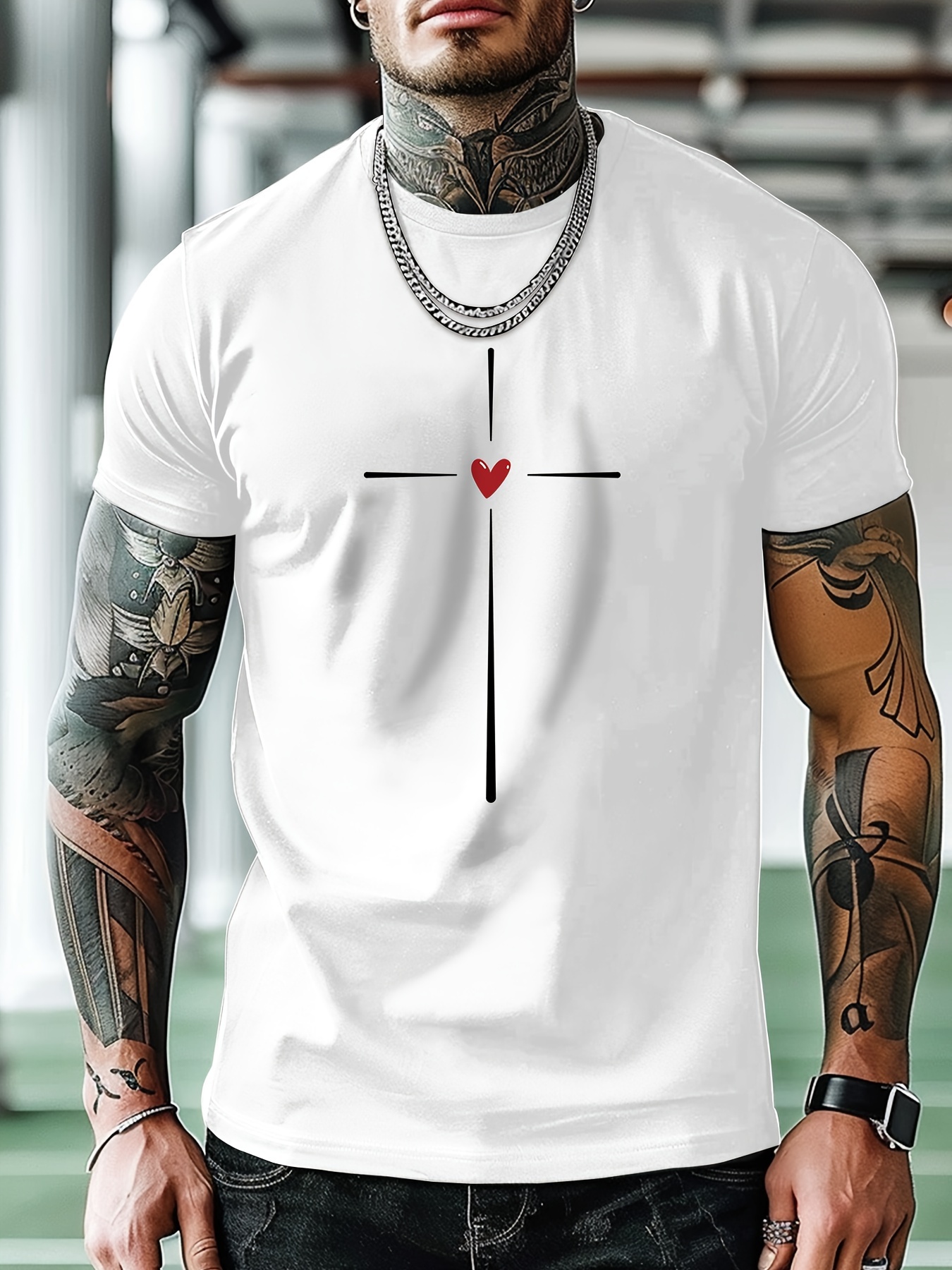 love heart graphic print mens creative top casual short sleeve crew neck t shirt mens clothing for summer outdoor details 0