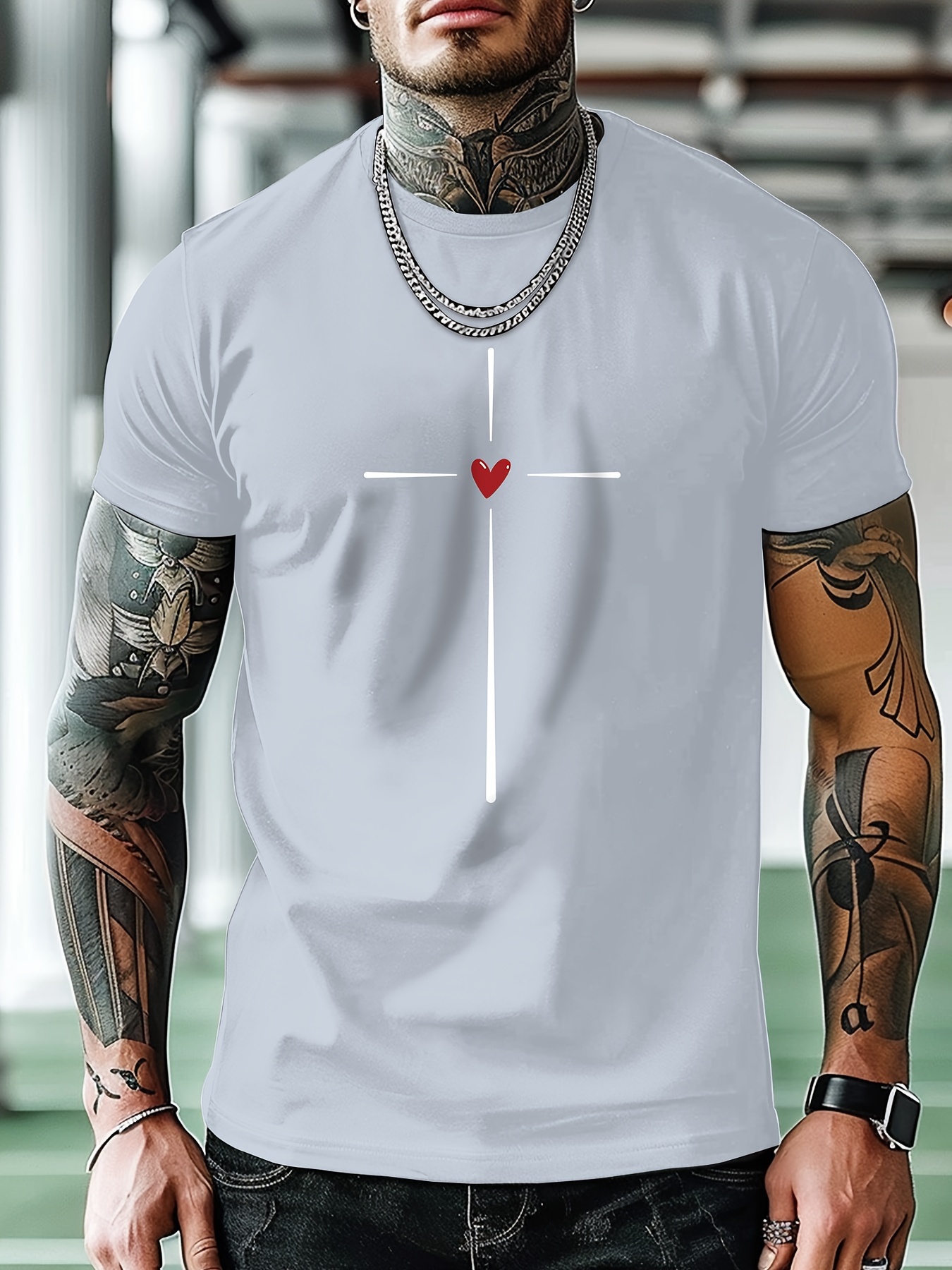 love heart graphic print mens creative top casual short sleeve crew neck t shirt mens clothing for summer outdoor details 5